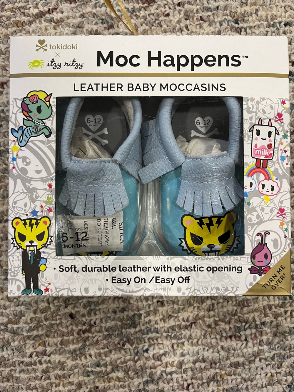 Moc Happens Leather Baby Moccasins by itzy ritzy x tokidoki - Light Blue
